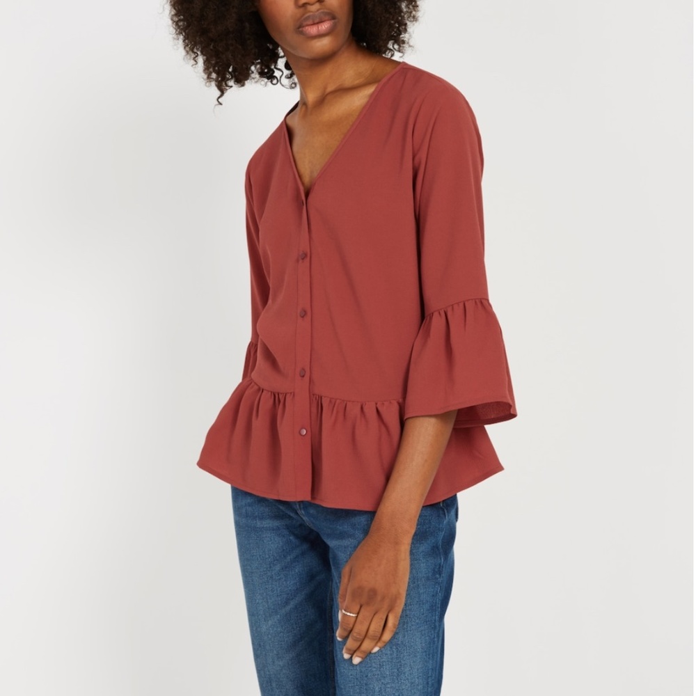NWT FRANK &OAK V-NECK BELL SLEEVE CORAL BLOUSE - S